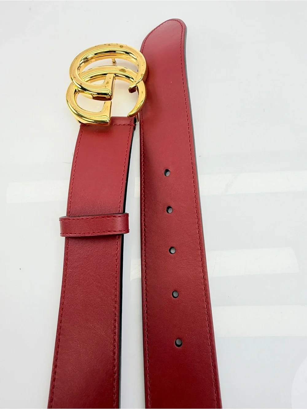 Authentic Gucci GG Marmont Wide Red Leather Belt Gold Buckle 406831 75/30